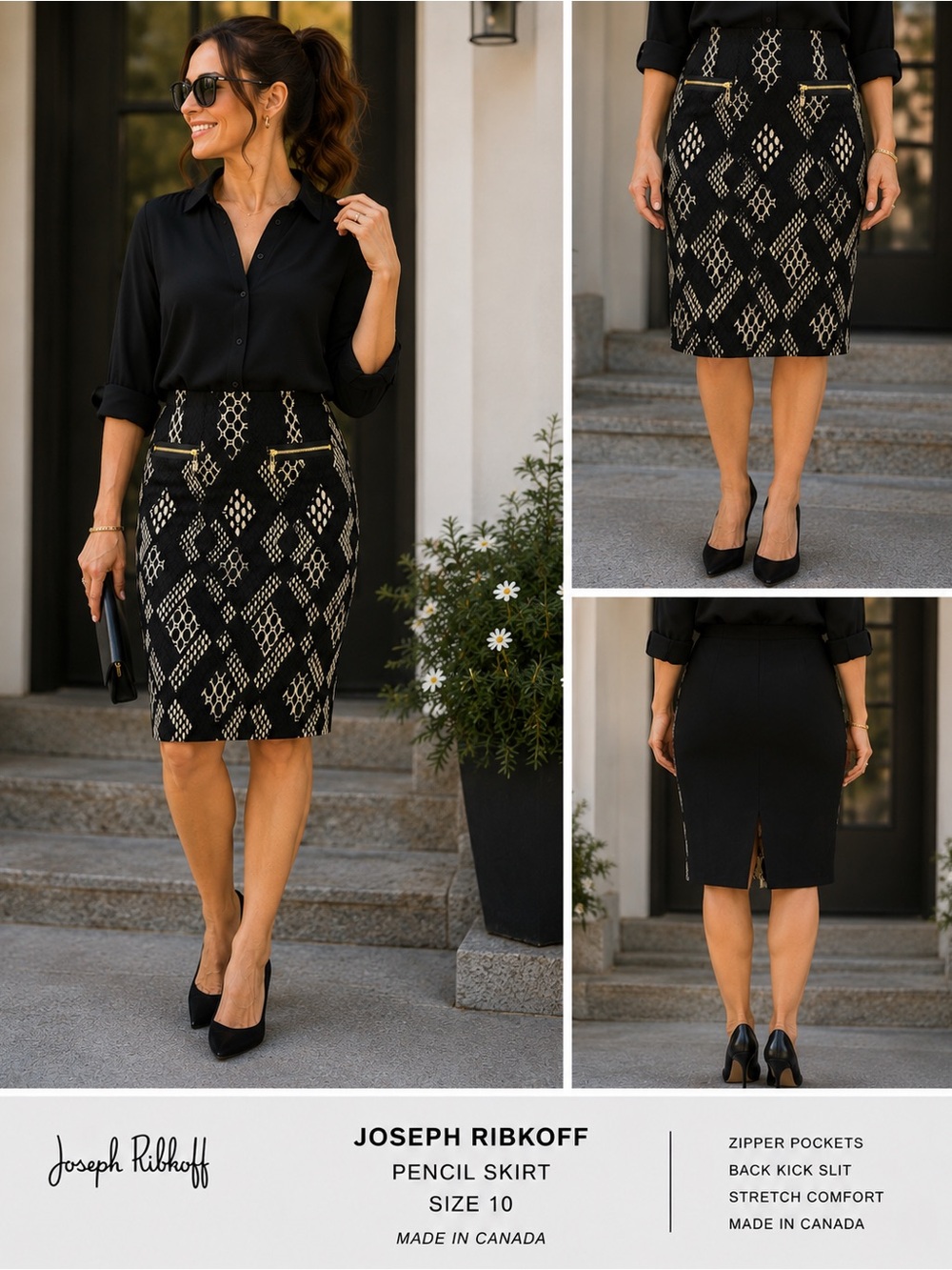 Joseph Ribkoff Geometric Pencil Skirt Gold Zip Pockets Black Ivory Size 10